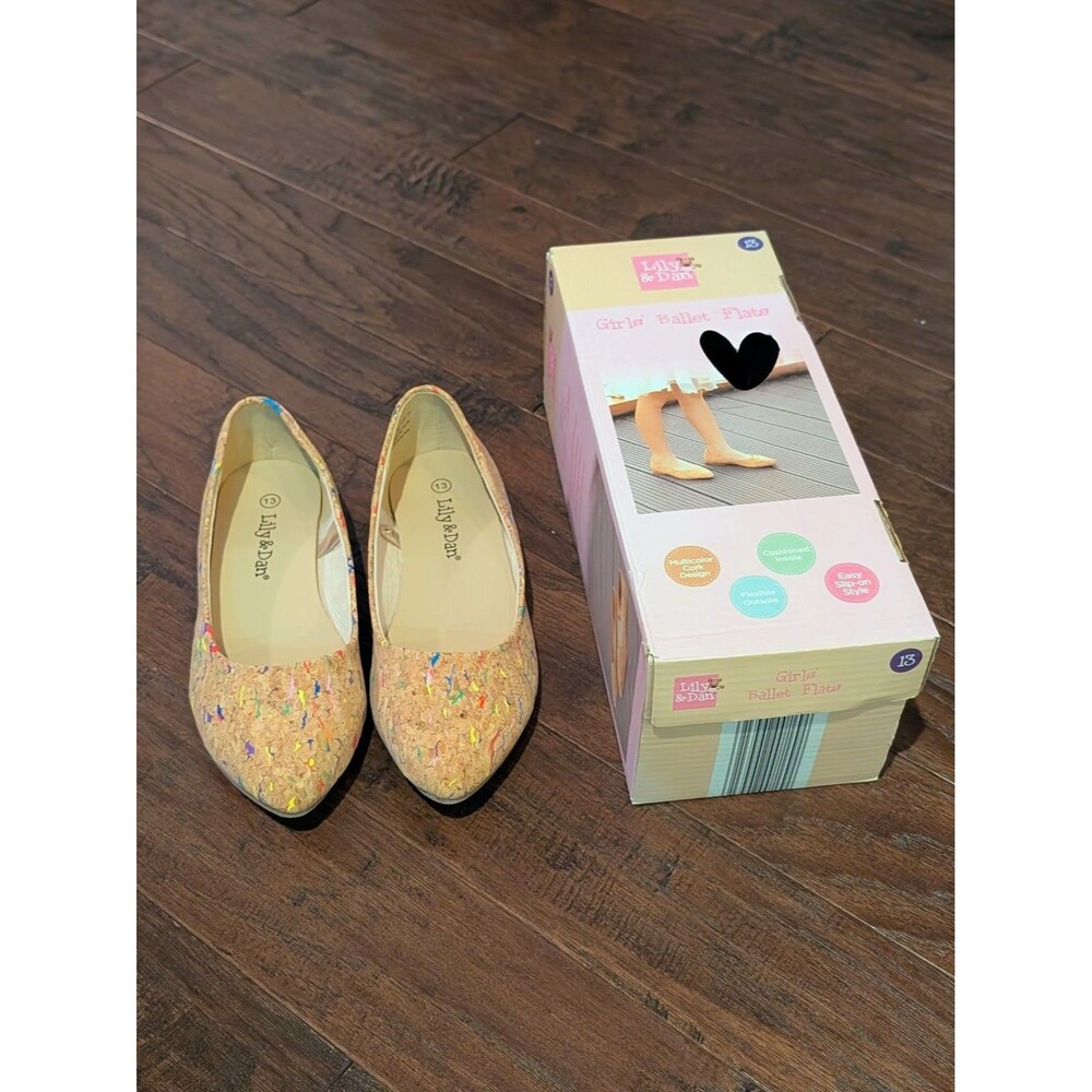 *NEW* Girls'  Lily & Dan Tan Multi Color Speck Cork Ballet Flats Shoes Size 13